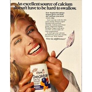 Yoplait Low Fat Yogurt *Excellent Source Calcium Women Smiling Vtg Print Ad 1986